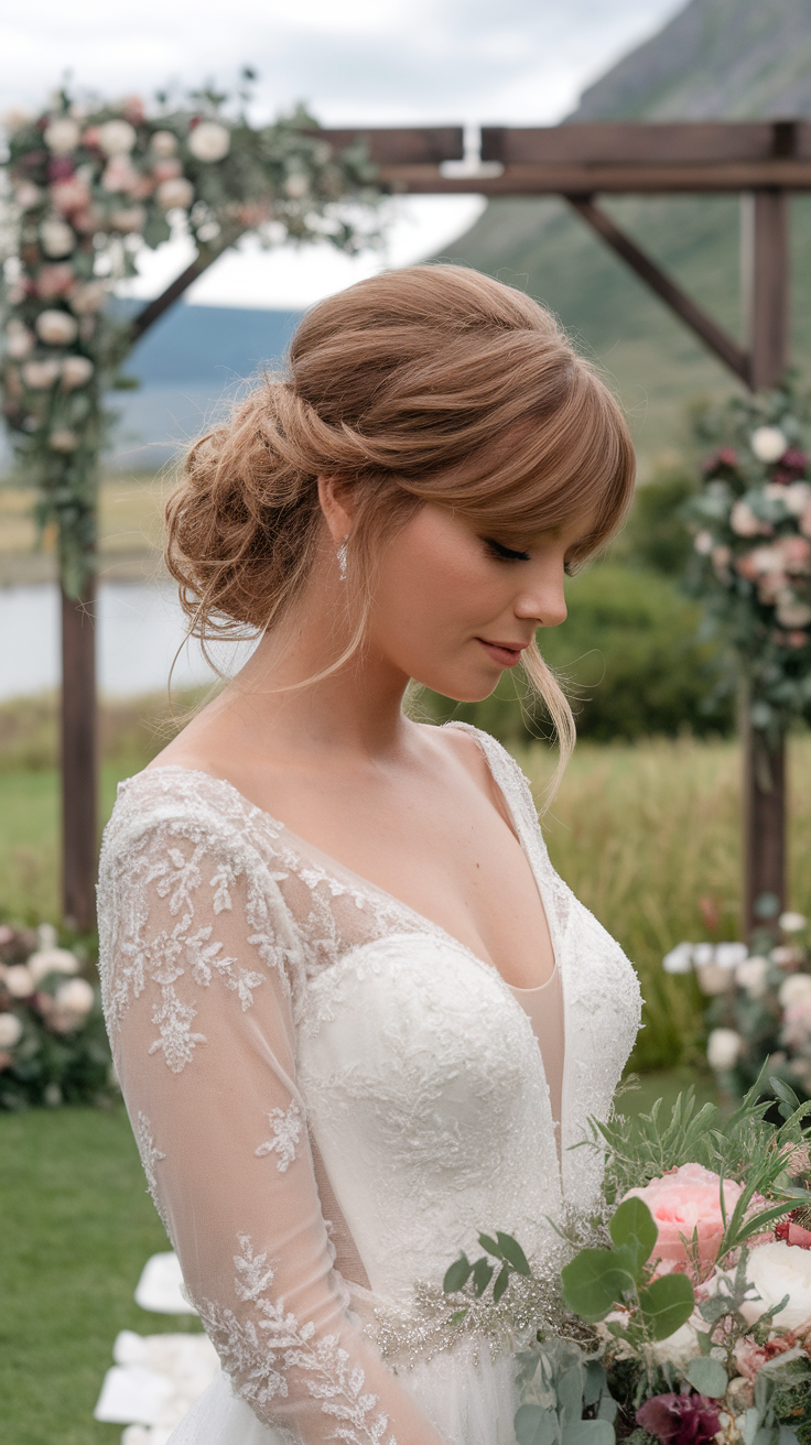 A bride with a soft updo hairstyle and side-swept bangs, wearing a wedding dress.