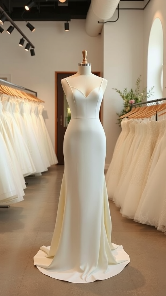 A sophisticated crepe column wedding dress displayed on a mannequin in a bridal shop.