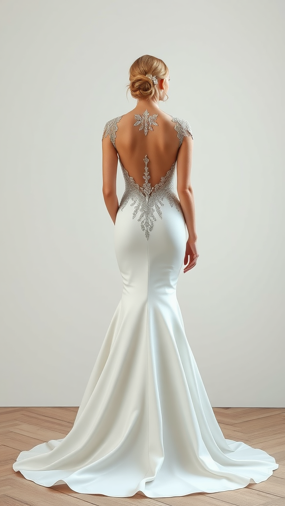 Elegant mermaid wedding dress with a statement back design showcasing intricate detailing.