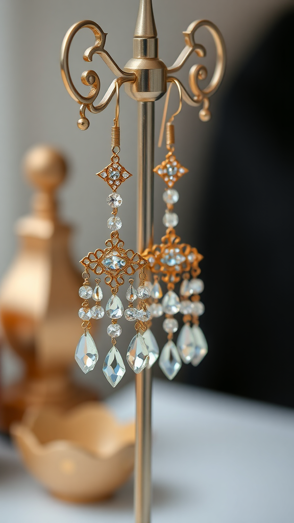 A pair of elegant chandelier earrings hanging on a display stand.