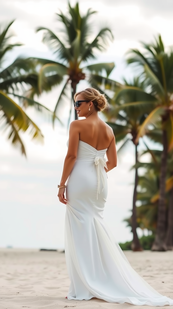 A bride in a strapless white wedding dress stands on a beach with palm trees.