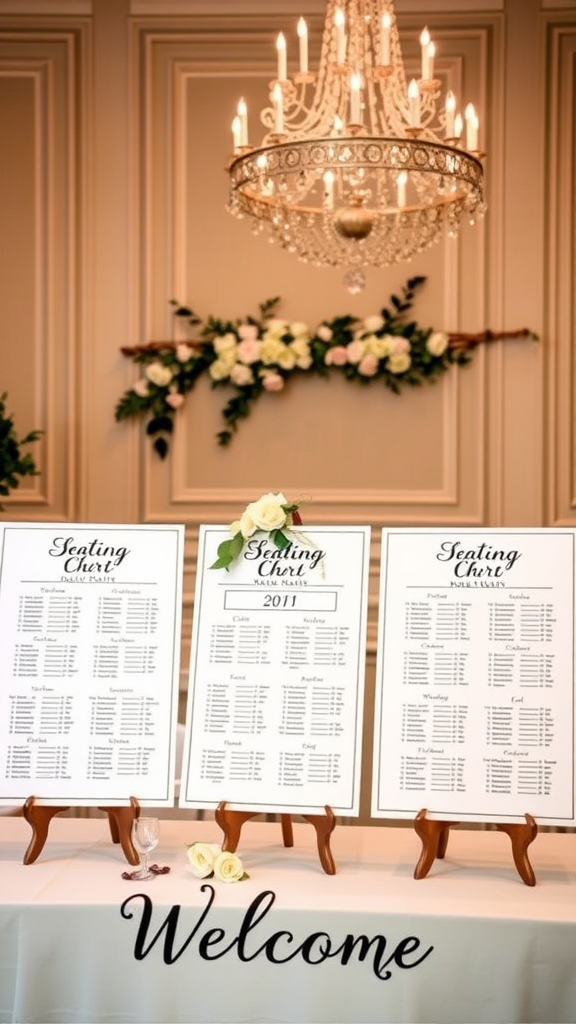 Stylish seating chart displayed on a welcome table with floral arrangements.