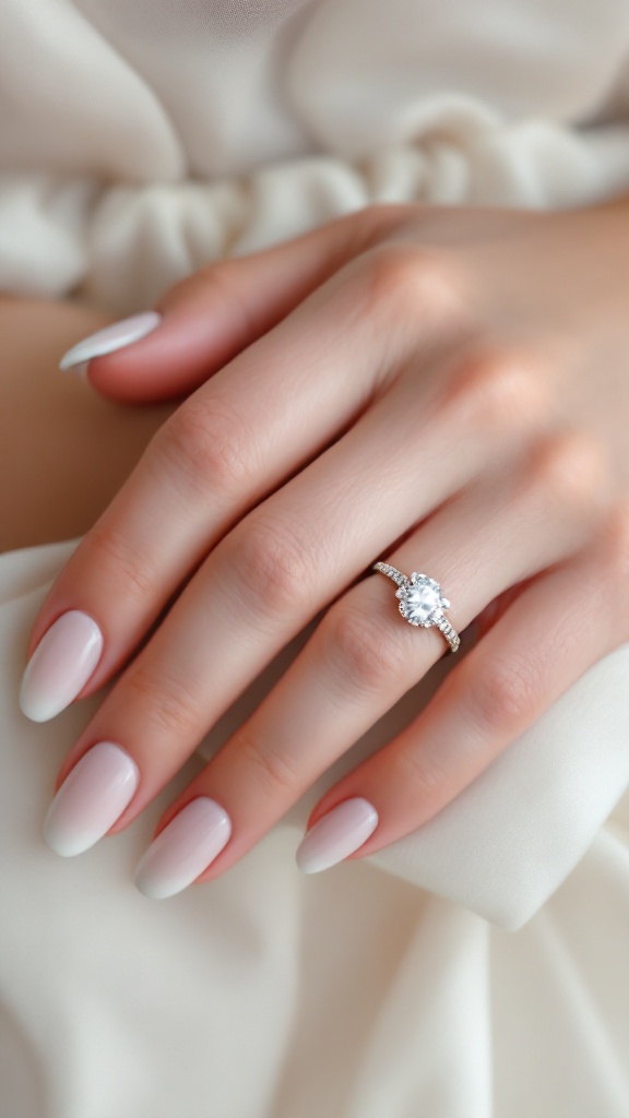 Close-up of a bride's hands showing subtle nude nails and an engagement ring.