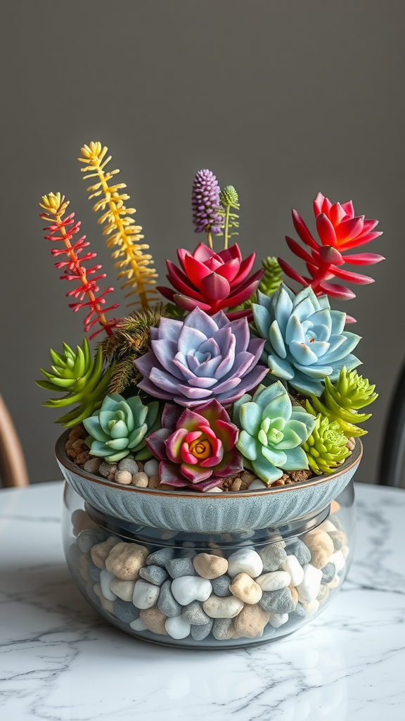 Colorful succulent garden centerpiece in a decorative pot