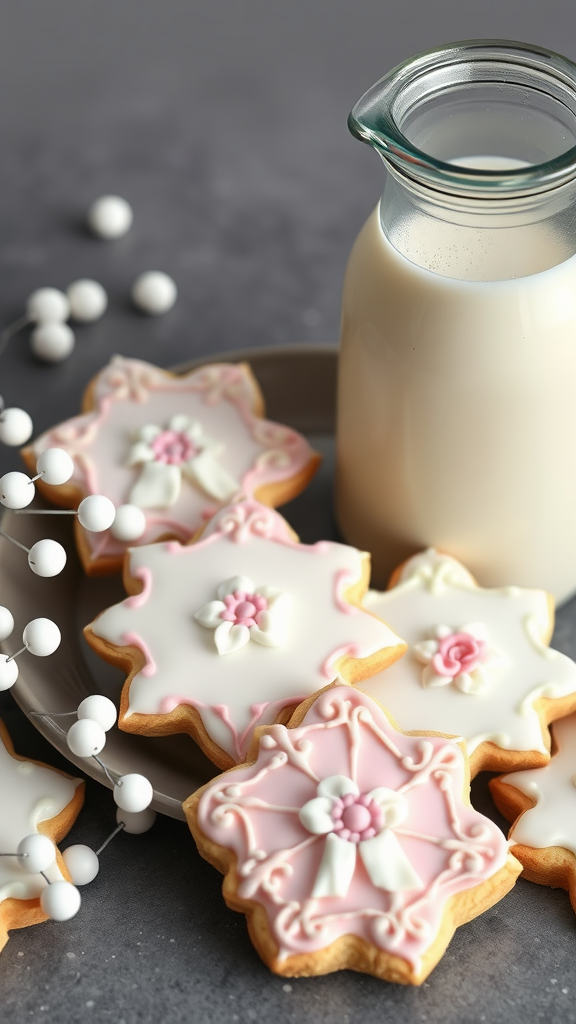 Decorated wedding sugar cookies with royal icing next to a glass of milk.