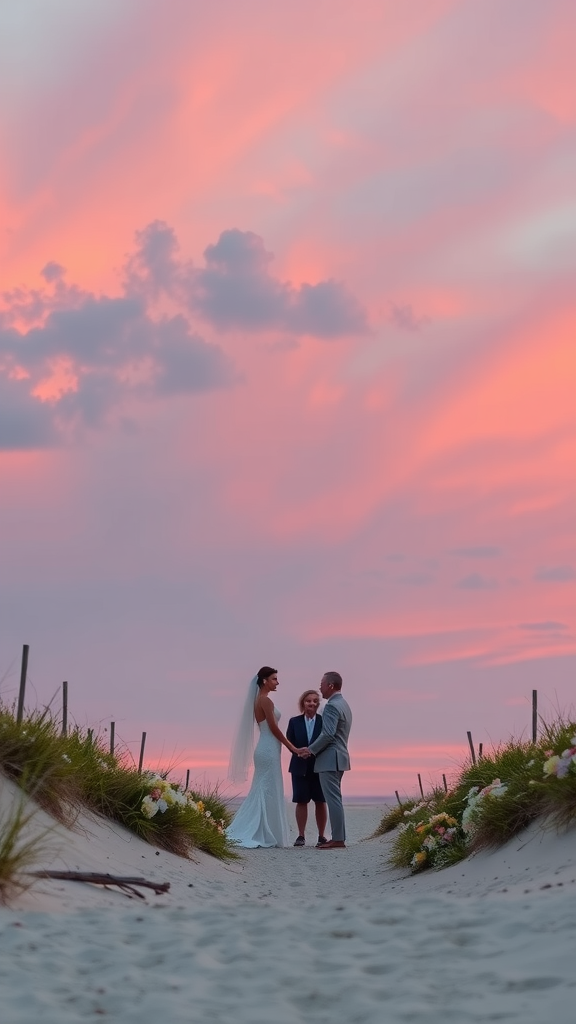 Couple exchanging vows during a sunset wedding ceremony on the beach with colorful sky.