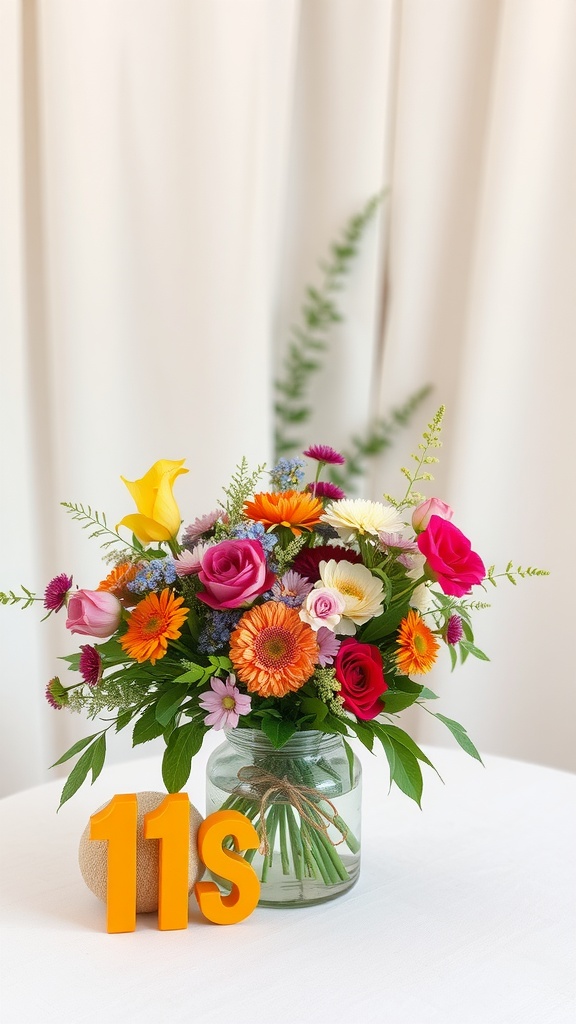 Colorful flower arrangement with various blooms in a glass vase