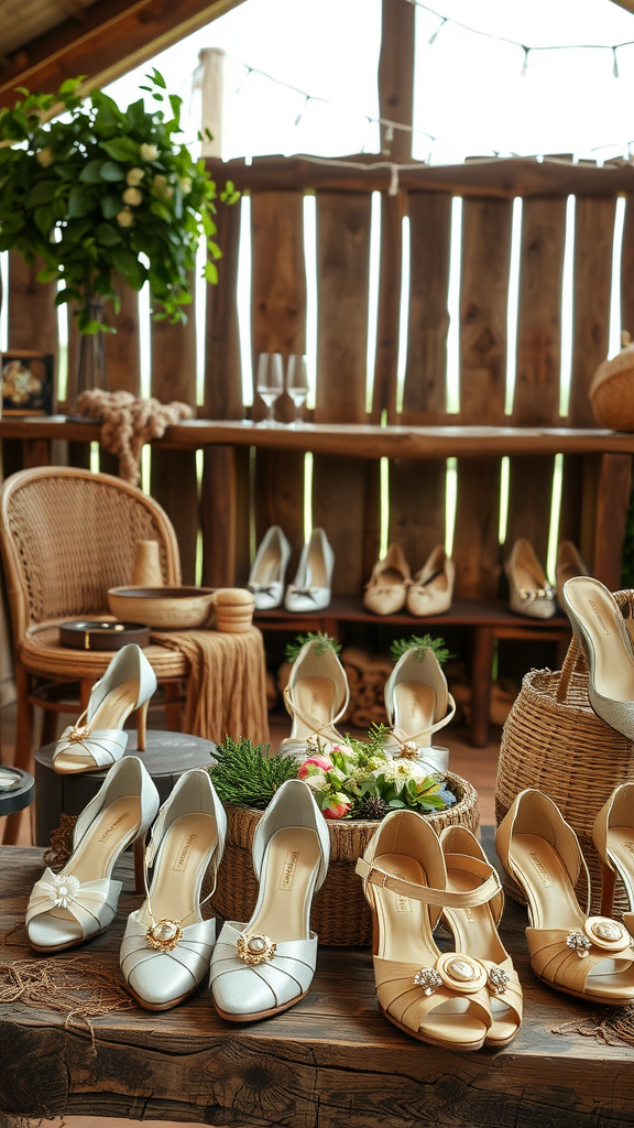 A display of various wedding shoes in a rustic setting.