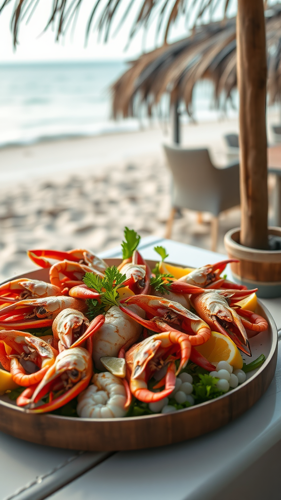 A beautifully arranged seafood platter featuring various types of shellfish and garnishes, set against a beach backdrop.