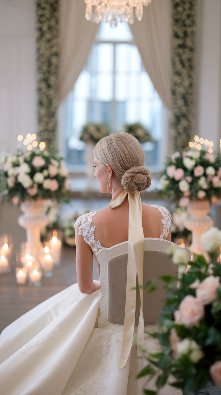 Bride with long hair styled in a textured low bun, adorned with a silk ribbon, set in a floral decorated venue.