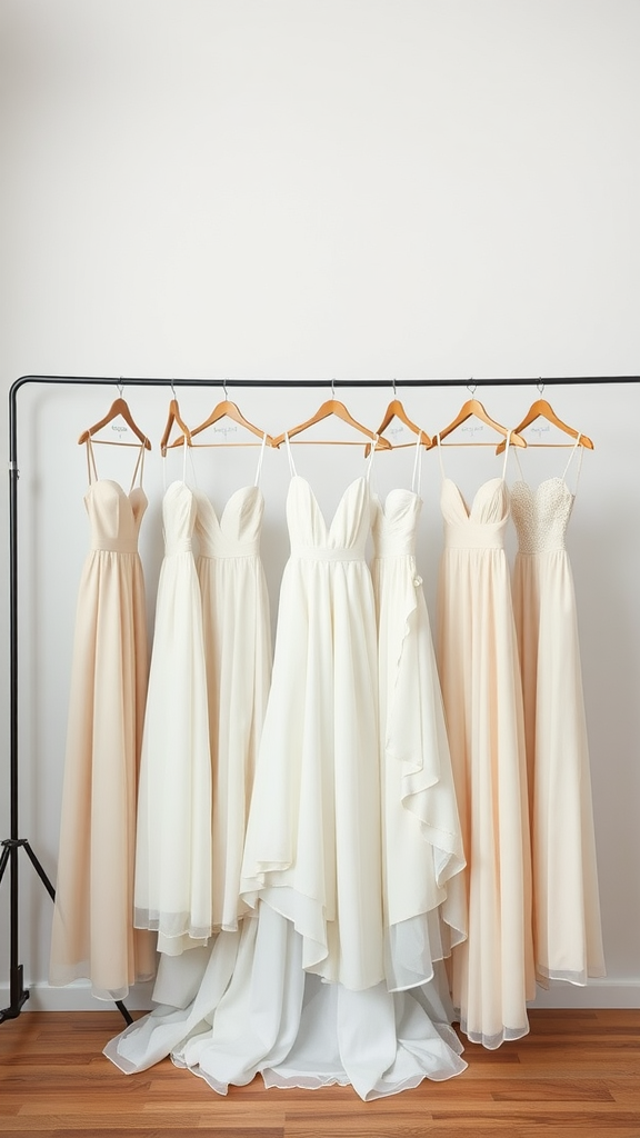 A collection of minimalist wedding dresses in neutral colors hanging on a rack.
