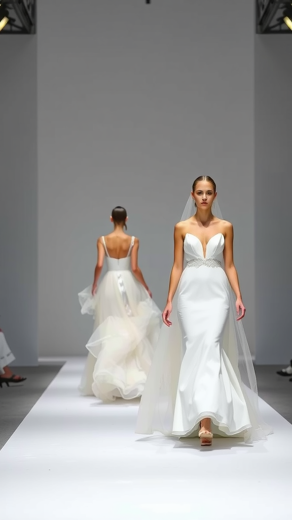 Two models walking down a runway in minimalist wedding dresses, showcasing elegant designs.