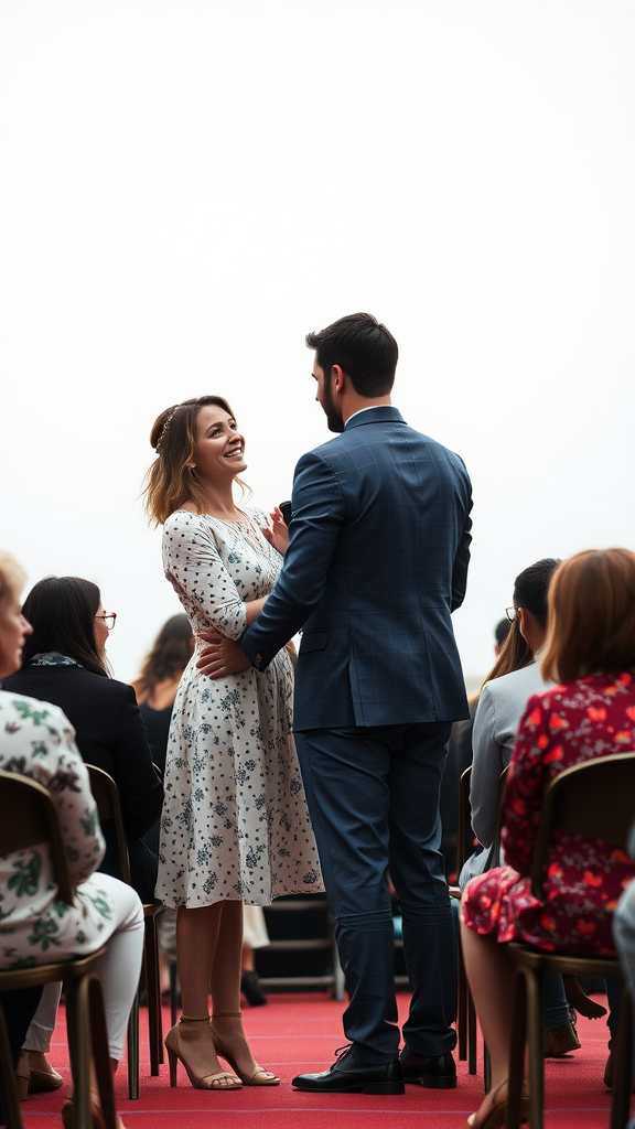 A couple exchanging vows during their wedding ceremony with guests in attendance.