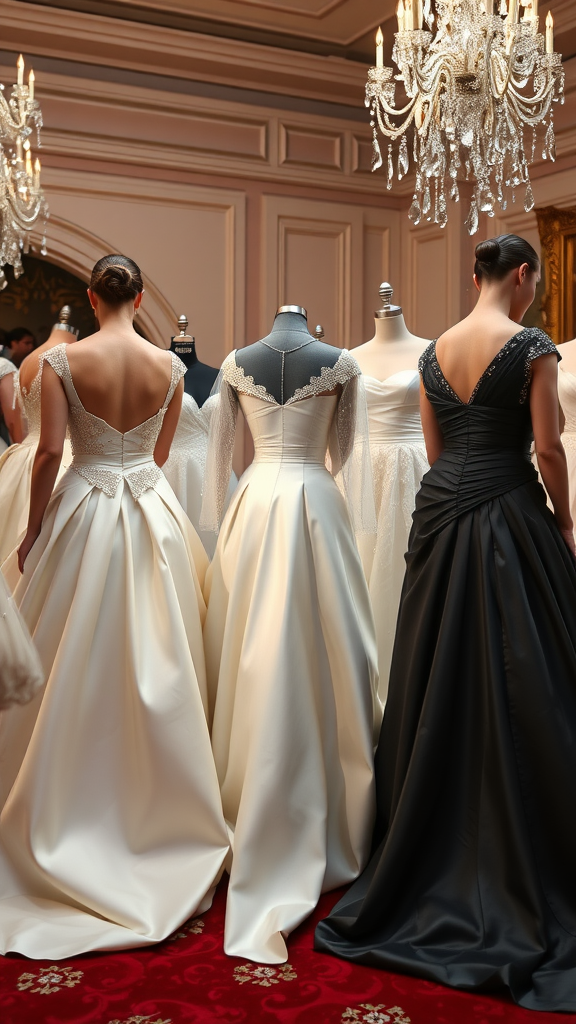 A display of satin wedding dresses in an elegant setting.