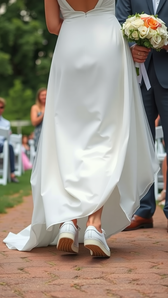 A bride wearing white sneakers under her wedding dress, walking down a pathway while holding a bouquet.