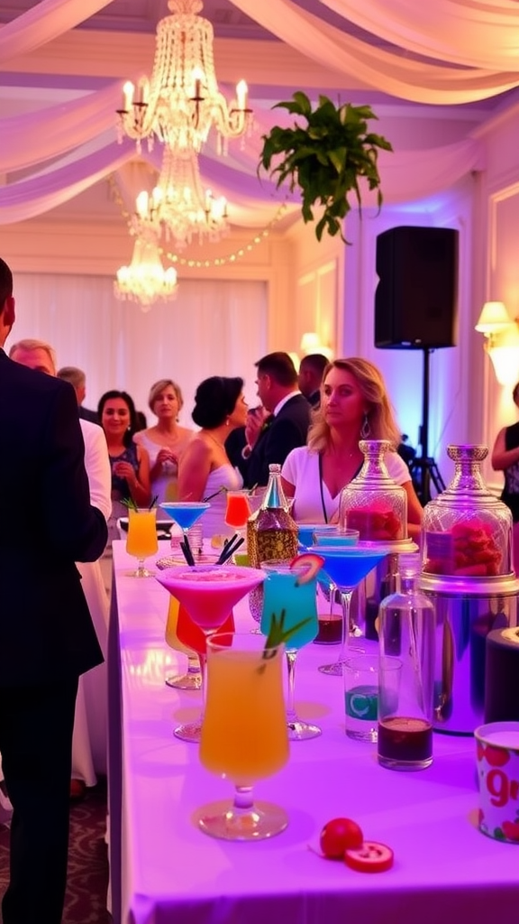 Colorful cocktail station at a wedding reception with various drinks