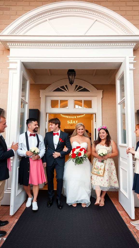 A bride and groom enter a wedding venue with friends in themed costumes, creating a joyful atmosphere.