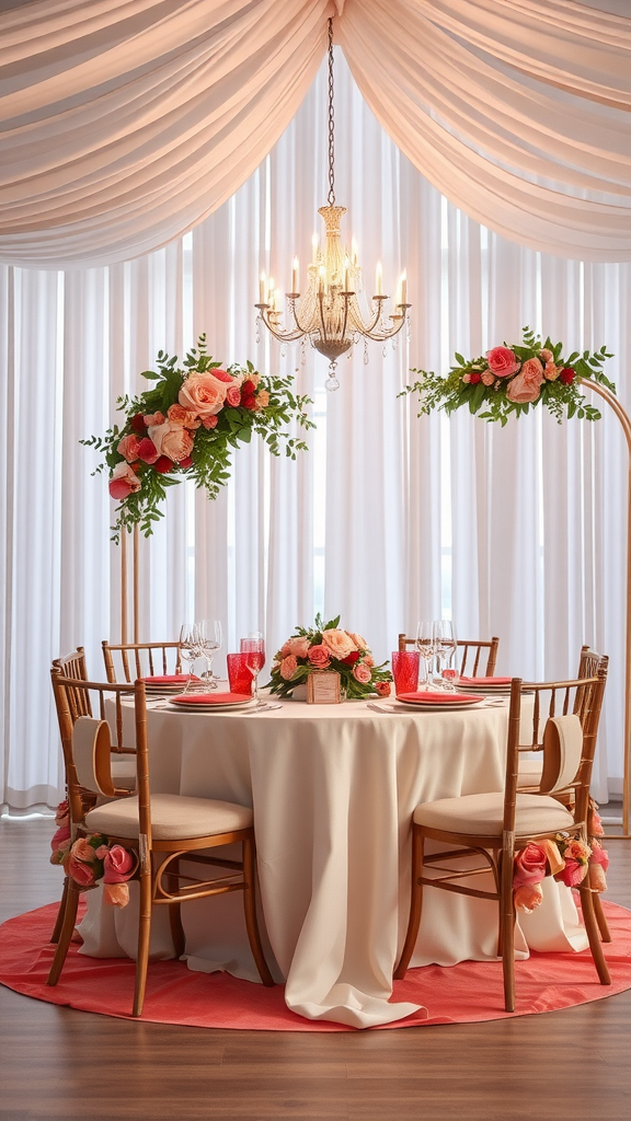 A beautifully decorated wedding table with floral arrangements and elegant tableware.
