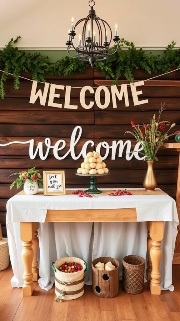 Decorative wedding welcome table with greenery, a cake stand, and rustic baskets.