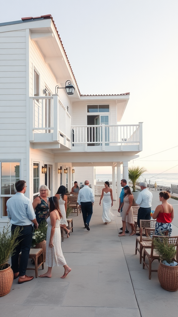 Guests mingling outside a coastal wedding venue at sunset.