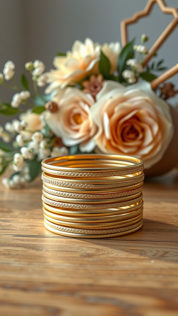 A collection of gold bangles stacked on a wooden surface with floral decorations in the background.