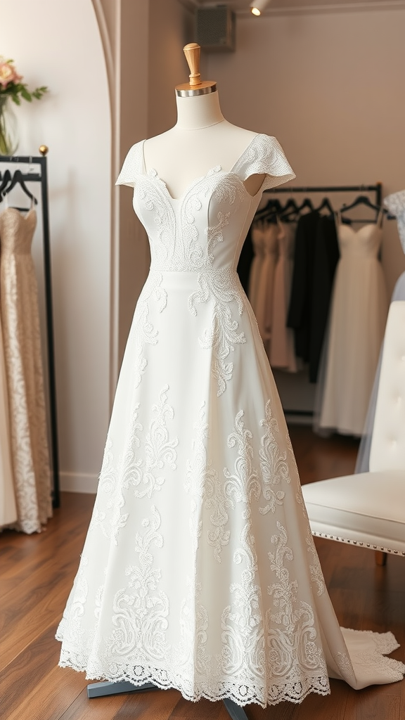 A timeless lace A-line wedding dress displayed on a mannequin, featuring intricate lace details and a classic silhouette.