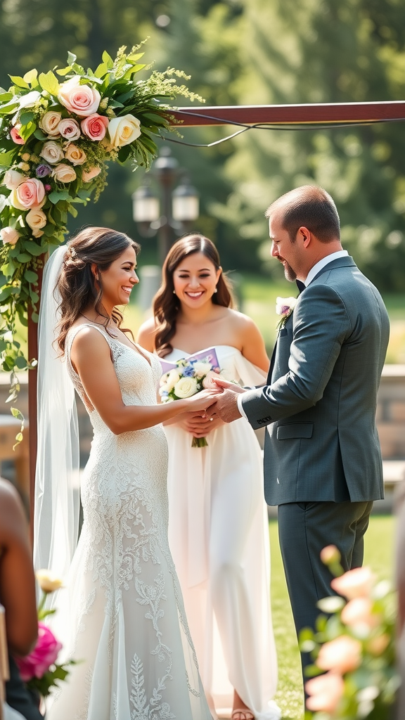 A couple exchanging heartfelt wedding vows outdoors, surrounded by nature.