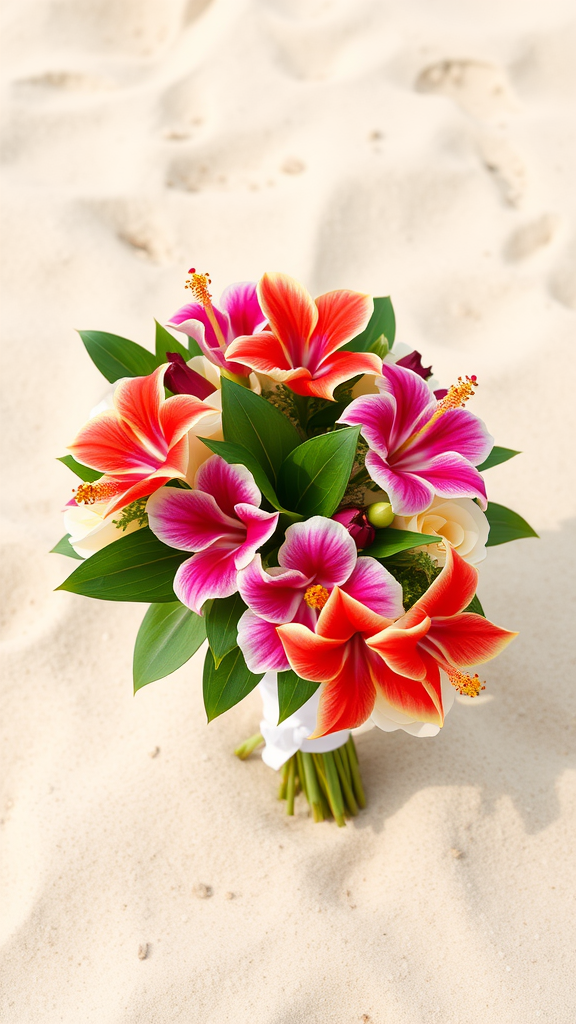 A colorful tropical bouquet featuring hibiscus flowers on sandy beach