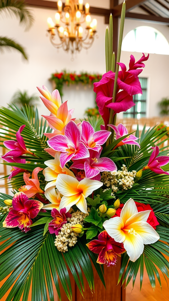 A vibrant arrangement of tropical flowers including orchids, lilies, and palm leaves.