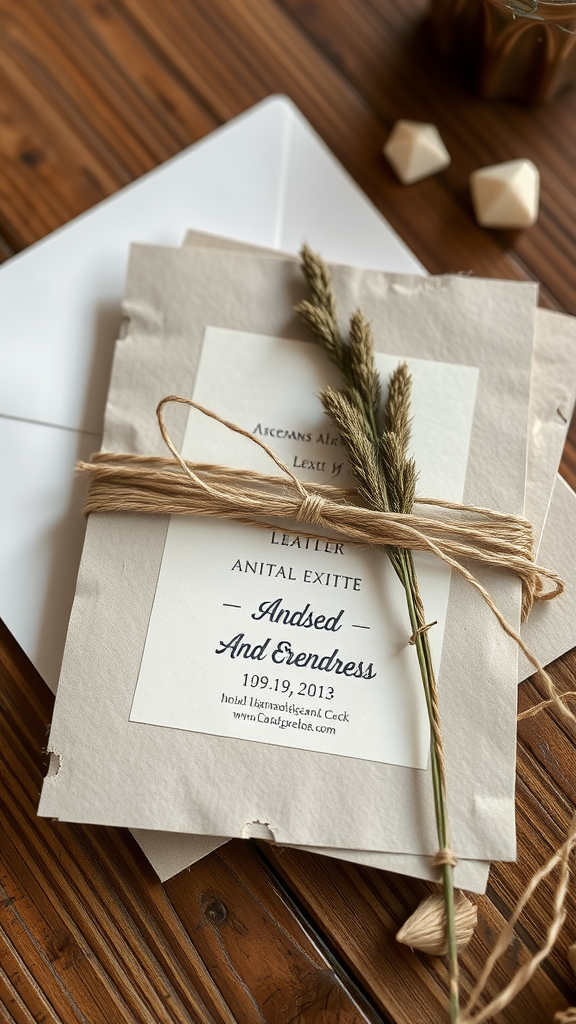 A rustic wedding invitation wrapped with twine and craft paper, featuring natural accents.