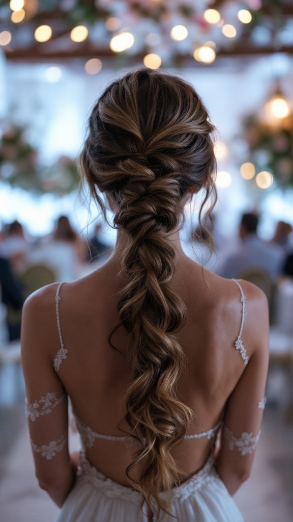 A beautiful twisted ponytail hairstyle, elegantly styled for a wedding.