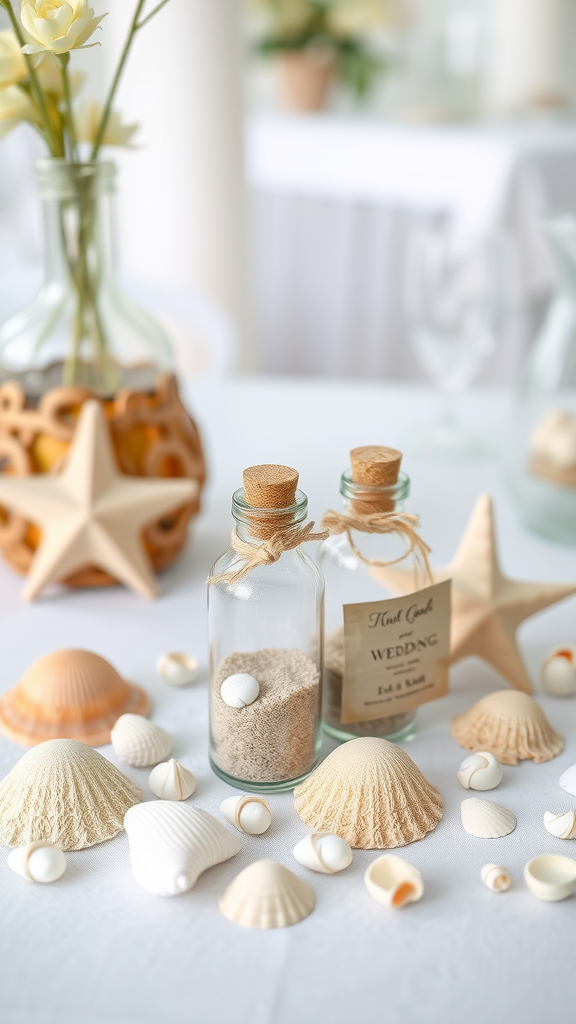 Small glass bottles with sand and shells as coastal wedding favors on a table