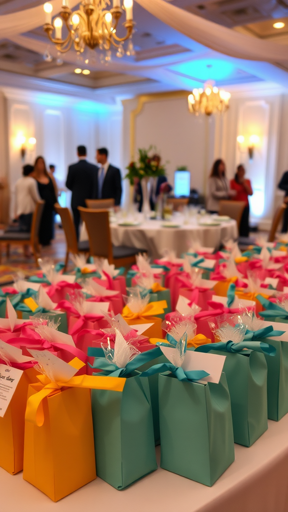 Colorful wedding reception guest favors in beautifully wrapped boxes.