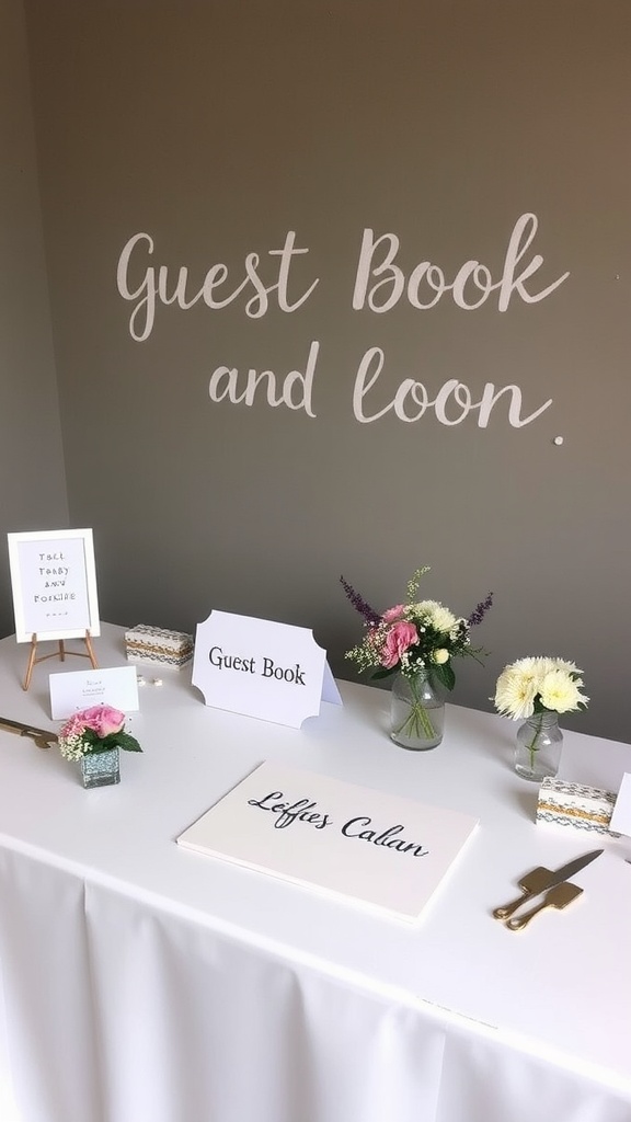 A beautifully arranged guest book table with floral displays, featuring a white tablecloth, a sign for the guest book, and various small flower vases.