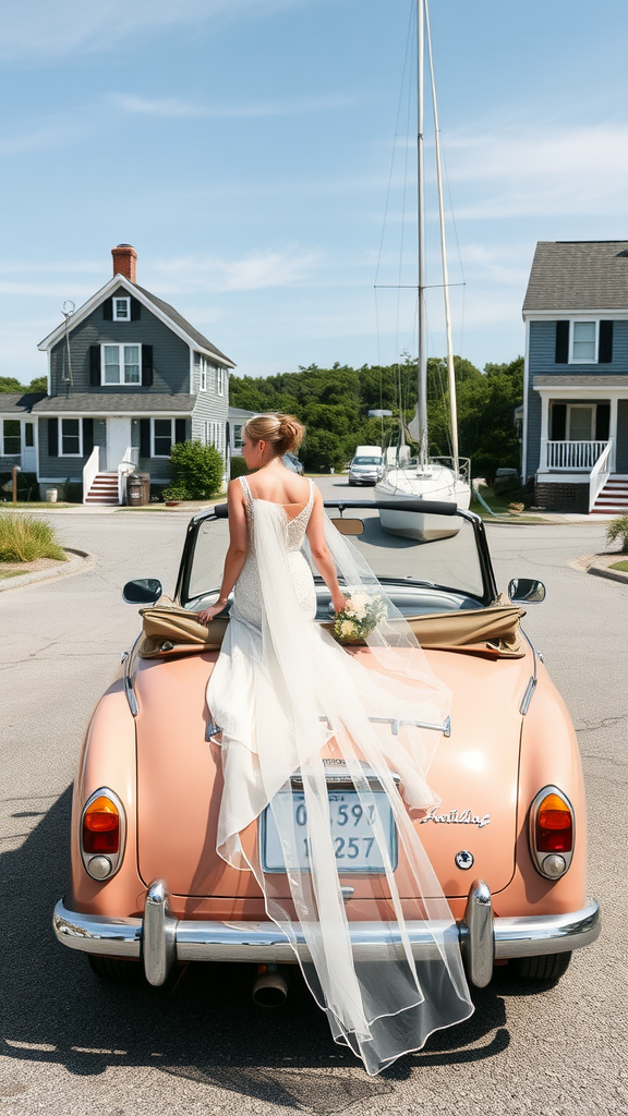 Bride sitting on the back of a vintage convertible car in Nantucket