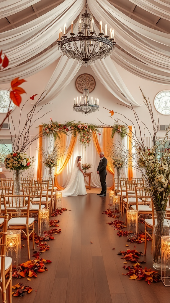A beautifully decorated wedding ceremony space with autumn-themed décor, featuring flowers, drapes, and leaves.