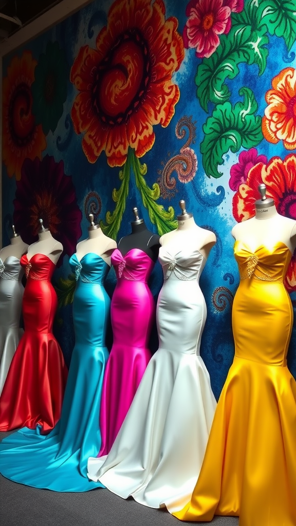 A display of various colorful mermaid wedding dresses on mannequins against a vibrant floral backdrop.