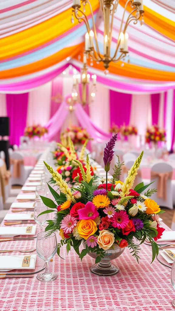 Colorful floral centerpiece on a wedding reception table