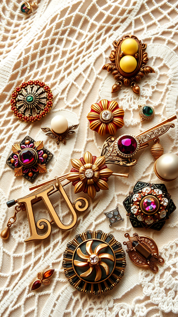 A collection of vintage-inspired brooches displayed on a lace background.