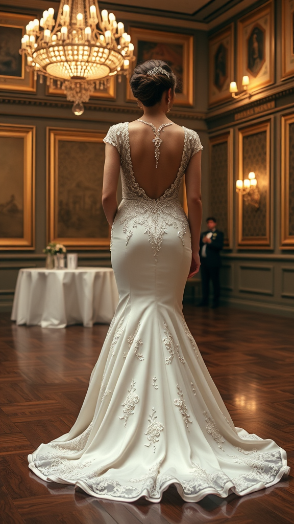 A bride showcasing a mermaid wedding dress with vintage-inspired embellishments, featuring a beautiful back design and intricate details.