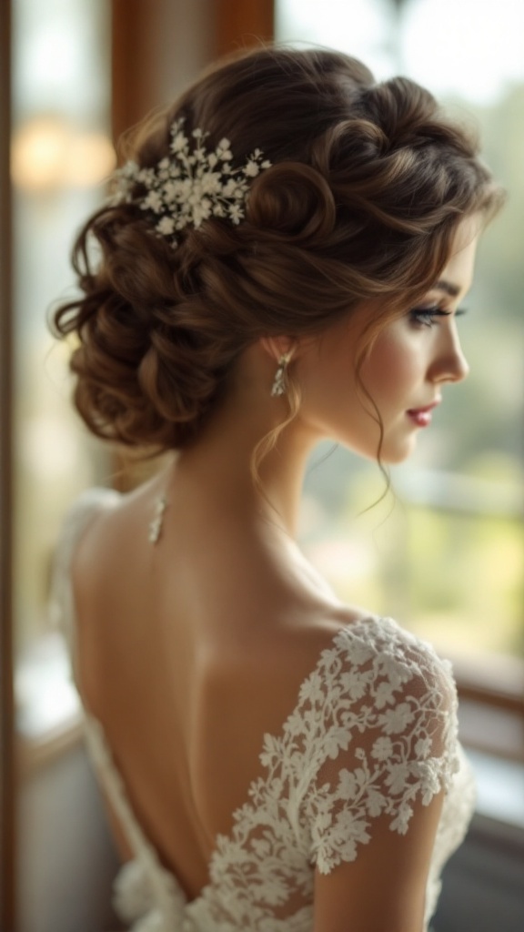 A bride with vintage-inspired finger waves hairstyle, adorned with floral hair accessories, showcasing a glamorous look.