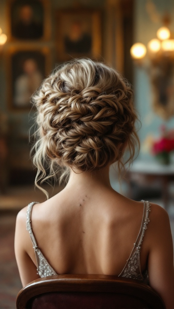 A vintage-inspired half-updo hairstyle featuring intricate braids and soft curls.
