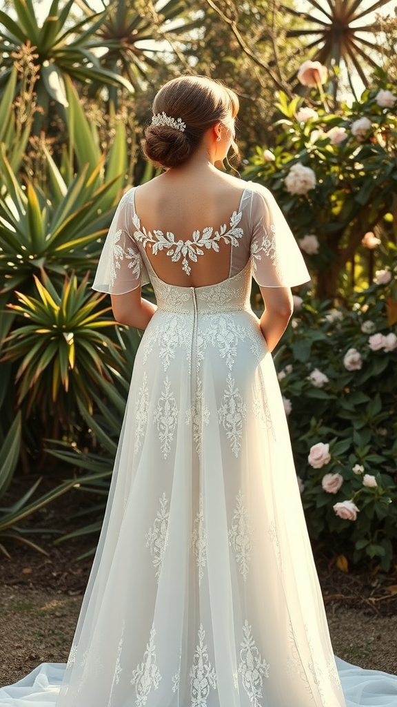 A back view of a vintage-inspired wedding dress with off-the-shoulder design and floral embroidery, set against a garden backdrop.