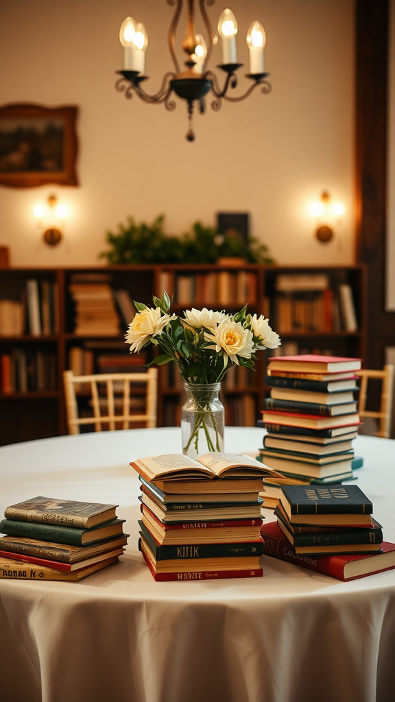 A table set with stacks of vintage books and a vase of flowers, creating a warm, inviting atmosphere.