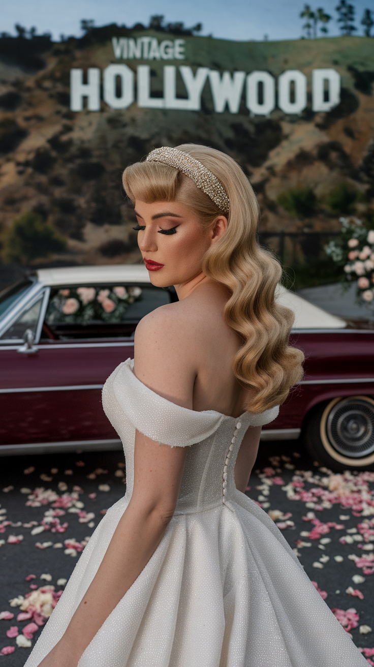 A woman in vintage hairstyle with waves and a headband, looking stylish and elegant.