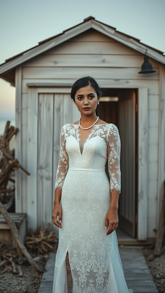 A bride in a vintage inspired lace dress standing in front of a beach house.