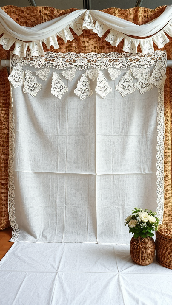 A vintage wedding backdrop featuring lace and burlap with a flower arrangement in a woven basket.