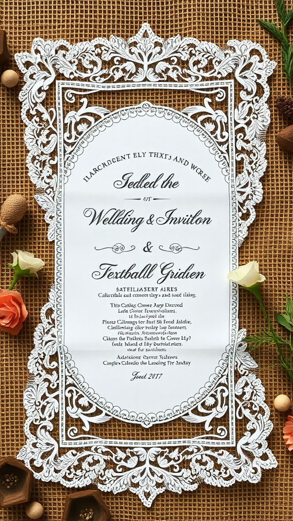 A vintage lace wedding invitation on burlap background with floral decorations.
