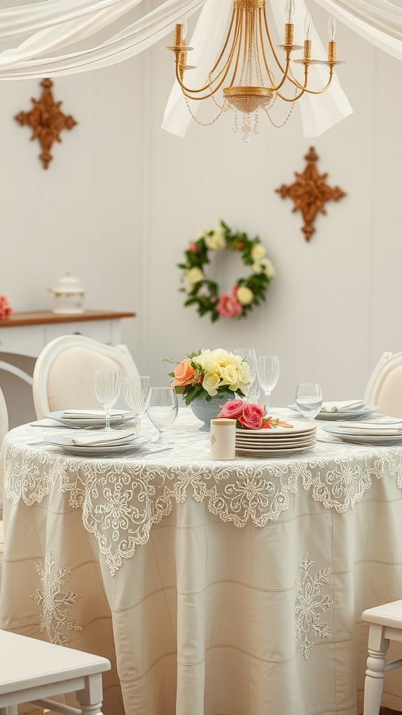 Wedding table decorated with vintage lace tablecloth, floral centerpiece, and elegant glassware.