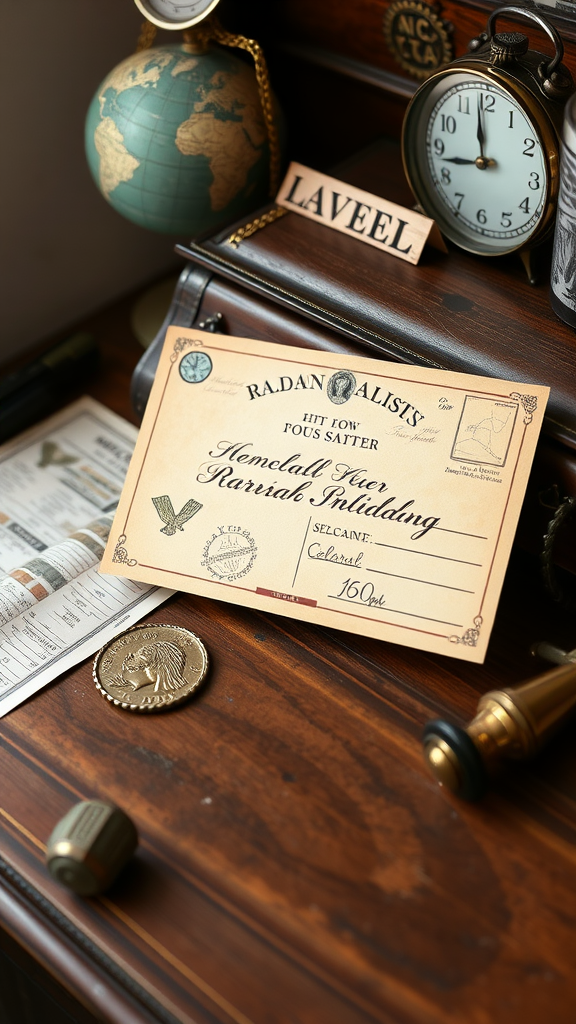 A vintage postcard style wedding invitation placed on a wooden desk with decorative items.